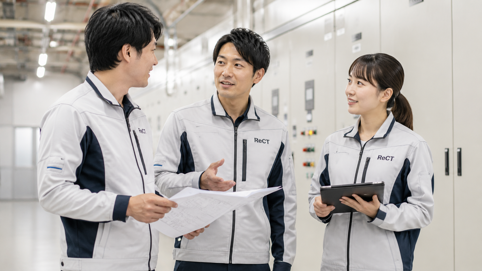 電気工事の現場で作業内容を確認するスタッフ
